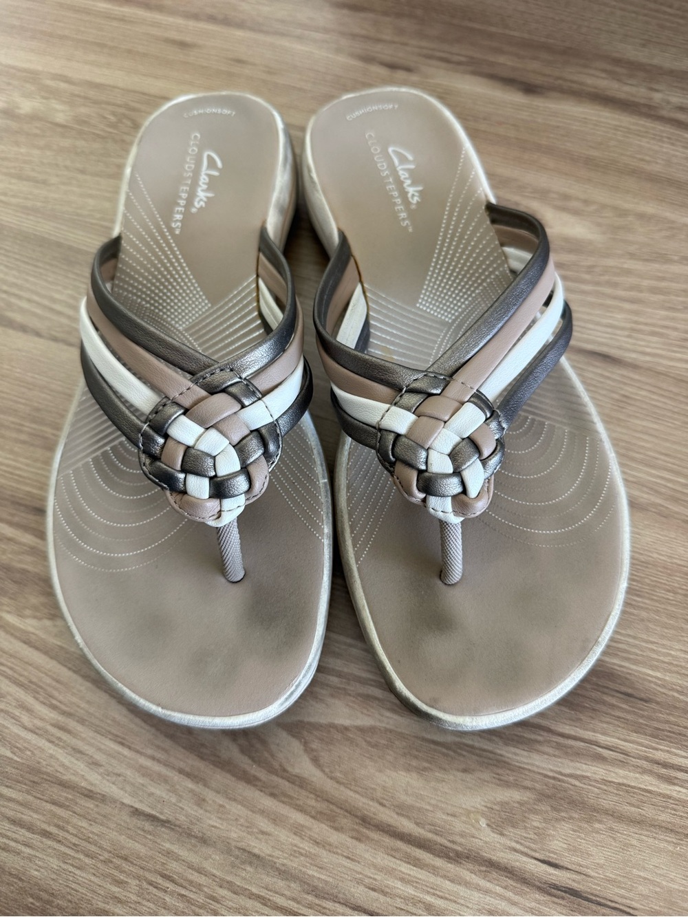 Clarks Women's Taupe, Cream and Metallic Bronze Braided Thong Sandals